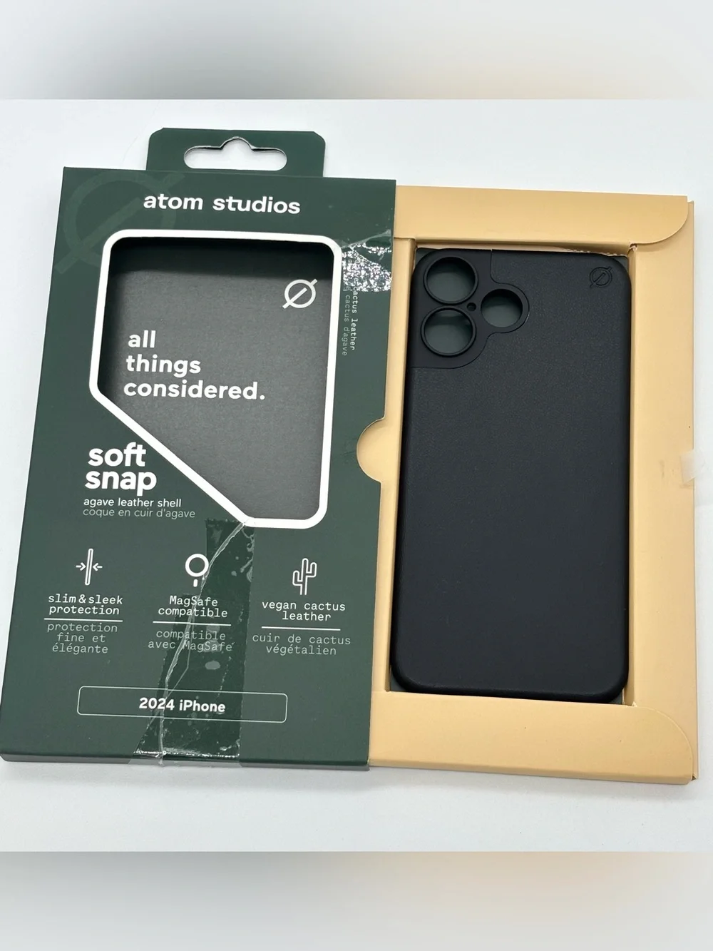 Atom Studios Soft Snap iPhone 16 MagSafe Case Vegan Cactus Leather Black Slim